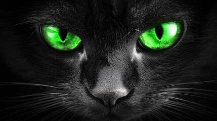 Portrait of a black cat with green eyes. Close up. Mystical, magic cat.