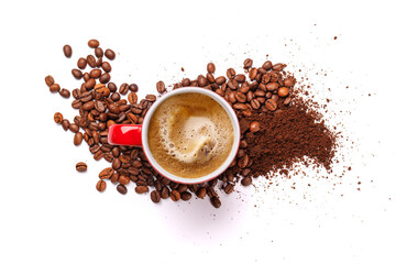 A steaming cup of freshly brewed coffee surrounded by rich, aromatic roasted coffee beans