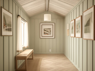 Modern hallway with wall panelling in neutral and light sage. Hall with wood panels, minimalist natural wood furniture and artwork on the wall.
