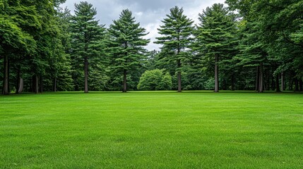 Obraz premium Sun-dd clea in whispe pines, expansive lawn bordered by tall evergreens under a bright blue sky in nature's embrace