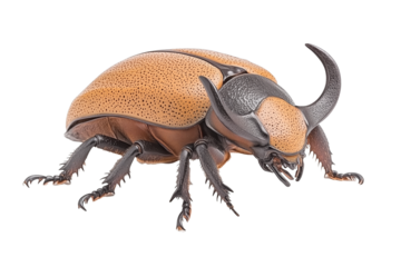  PNG cut out isolated background. A detailed Hercules beetle featuring a textured orange-brown exoskeleton with black speckled patterns and distinctive curved horns extending from its head.