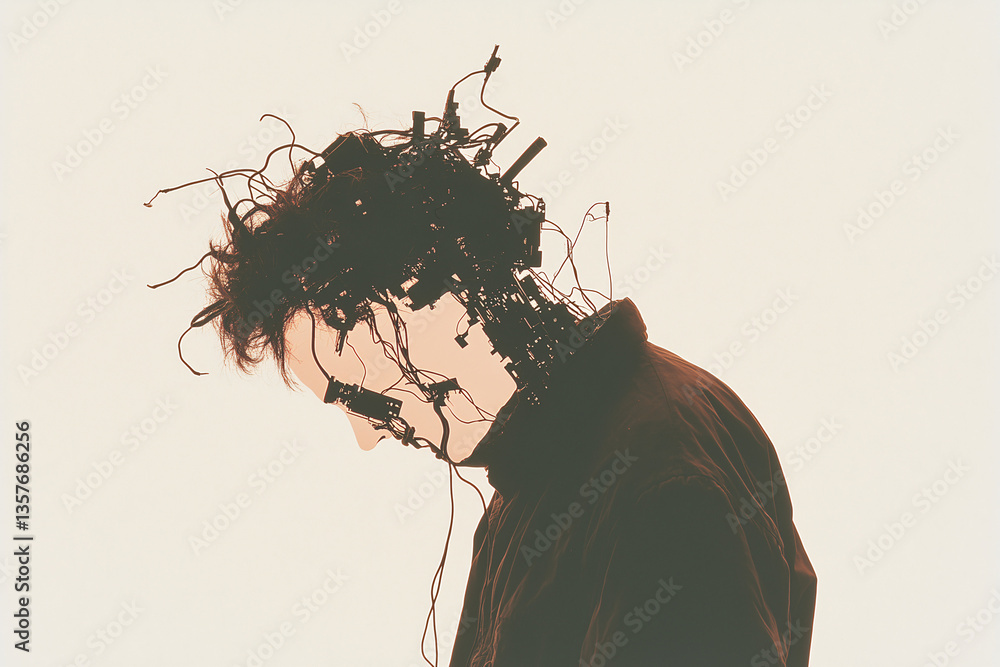 Poster connected mind: abstract portrait of a person with a complex network of wires integrated into their 