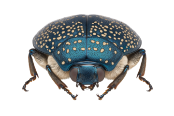 PNG cut out isolated background. A metallic blue beetle with a detailed, speckled shell displaying white dot patterns and a structured exoskeleton.