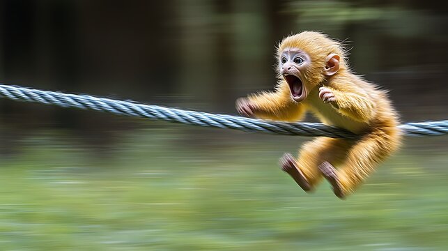 A tiny golden monkey screams while swinging on a wire.