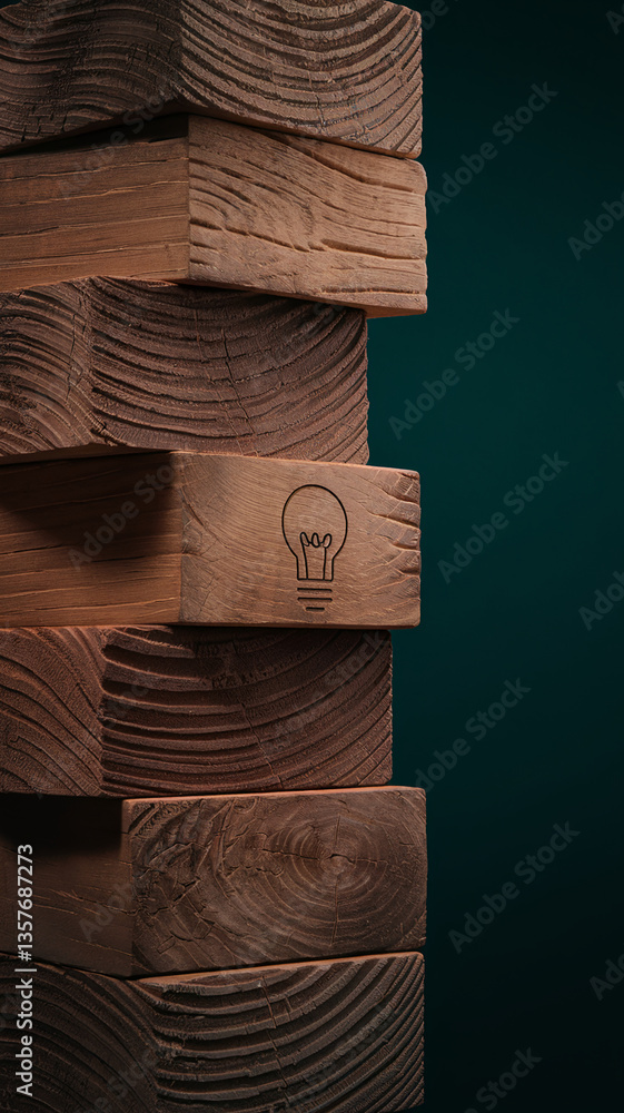 Poster stacked brown wooden blocks, one displaying a lightbulb icon, creating a vertical composition sugges