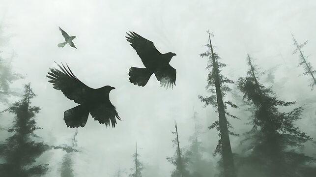 Two crows and a small bird fly through a misty forest.