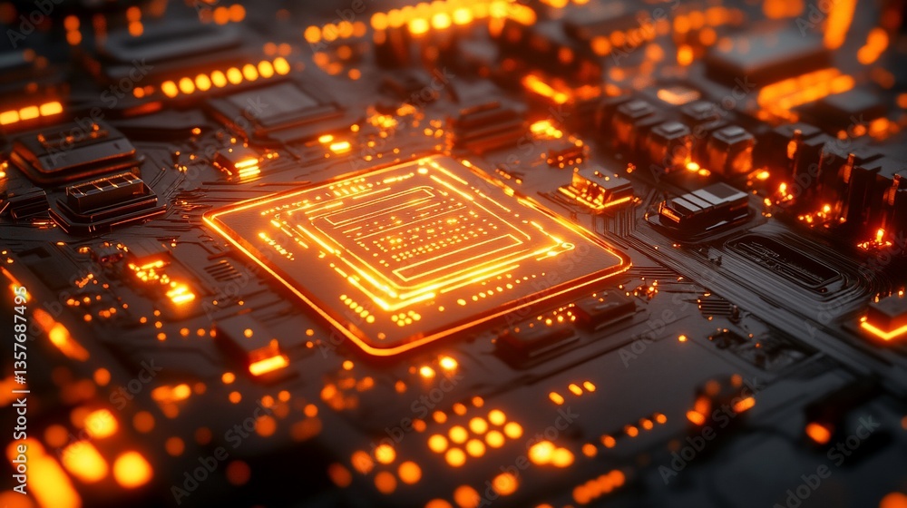 Poster high-tech circuit board with glowing processor
