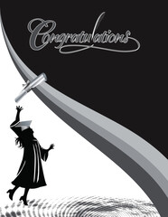 Silhouette of a girl graduate throwing a diploma into the air. Congratulations, typography stylized will quill.