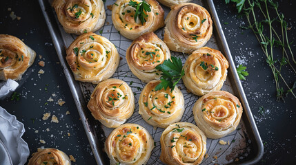 Naklejka premium Flat lay of flaky cheese-stuffed pastry rolls in spiral shapes, rustic appetizer or baked snack