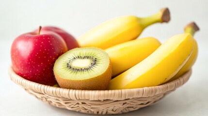 A vibrant assortment of fresh fruits including red apples, bright bananas, and a sliced kiwi in a woven basket, Perfect for health-related content, recipes, or promoting healthy eating lifestyles,