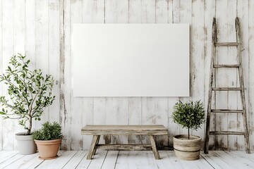 Blank canvas on rustic wooden wall with ladder and potted plants in minimalist room