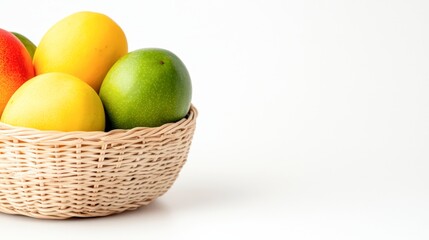 A wicker basket filled with colorful, fresh fruits like mangoes and apples on a white background, Ideal for health-related articles, recipes, or food marketing materials,
