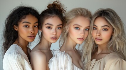 Obraz premium Four young women with unique hairstyles and features stand closely together against a soft background, highlighting their diverse beauty. The lighting emphasizes their natural makeup and expressions