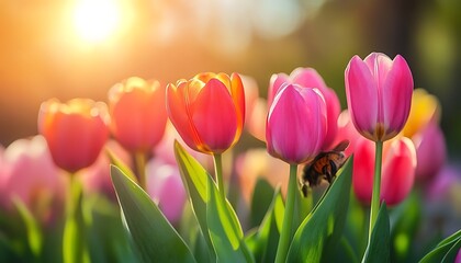 Spring Tulips, Bee, Garden Sunrise