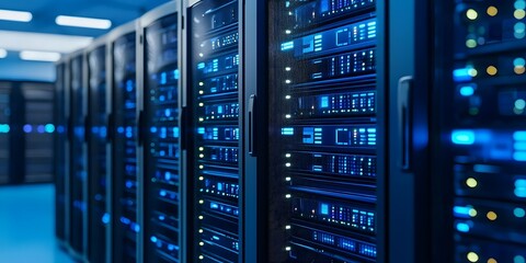 Rows of server racks in a modern data center