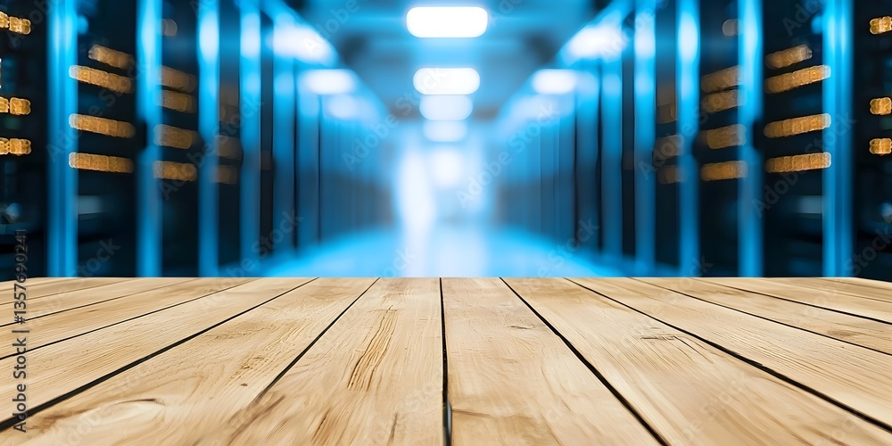 Poster empty wooden desk in a data center with server racks