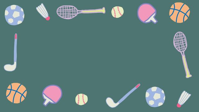 Cute pastel sports gear border frame featuring soccer, badminton, baseball, tennis, golf, and basketball on green background.
