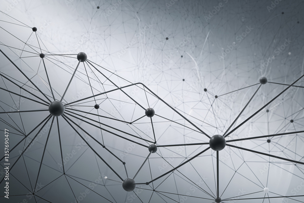 Poster abstract grayscale image of interconnected nodes and lines forming a complex network structure, repr
