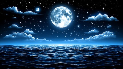 Full moon over a calm ocean at night.