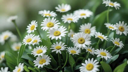 Obraz premium White daisies with yellow centers sprouting in a field of green grass and leaves