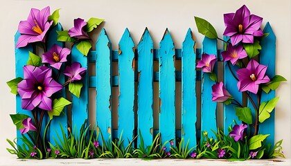 A blue picket fence with purple flowers and grass.