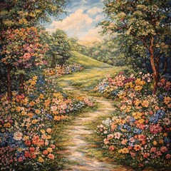 Serene Garden Path A Vibrant Floral Landscape Painting