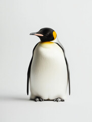 Obraz premium A full-body studio shot of a King Penguin against a bright white background. The image is sharply focused, showcasing the bird’s distinct features: its black back and wings, creamy white chest and