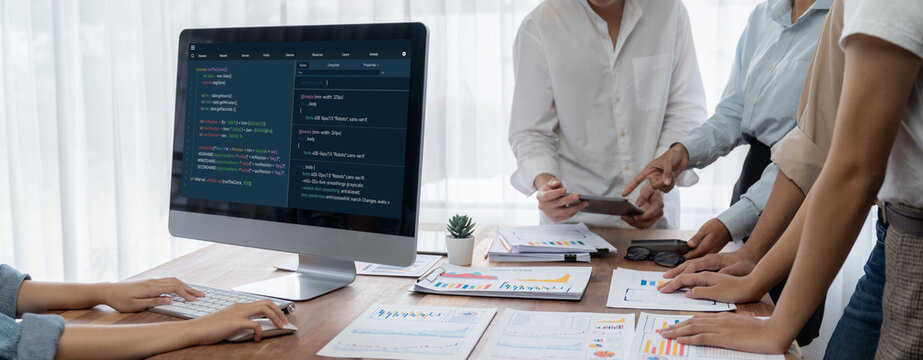 Software development programming on computer screen for brisk application and program coding