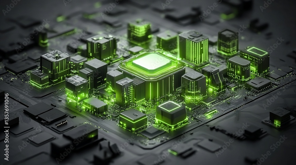 Poster intricate circuit board with glowing central processor. detailed, stylized representation of modern 