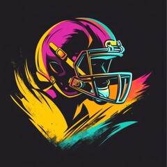 A striking illustration of a football helmet features bold colors and dynamic lines, capturing the essence of sports excitement