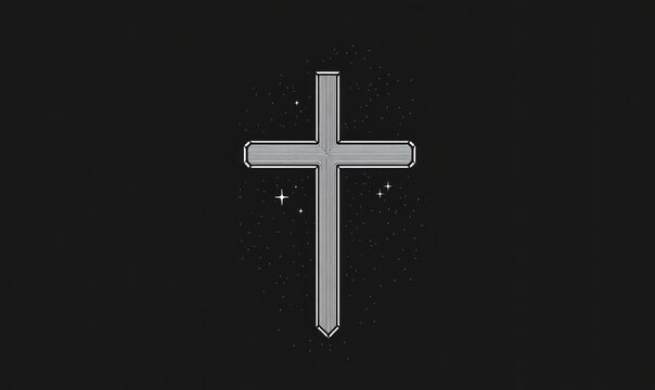 Silver cross graphic design, dark background, starry night sky