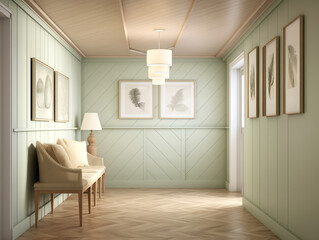 Obraz premium Modern hallway with wall panelling in neutral and light sage. Hall with wood panels, minimalist natural wood furniture and artwork on the wall.