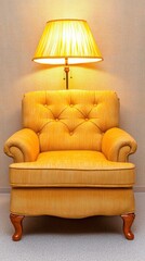 Sunlit corner showcasing a plush golden-yellow armchair with button tufting beneath a warm glowing standing lamp's light