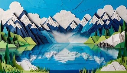 A 3D paper art landscape featuring mountains and lake.