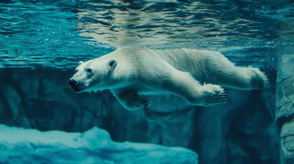 Naklejka premium The image showcases a polar bear gracefully submerged in a body of cool, blue water. The bear's white fur contrasts sharply with the deep blue hue of the aquatic environment. The water is relatively
