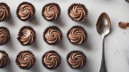 Mini chocolate mousse cups arranged evenly, silky texture, layered dessert for events or celebrations