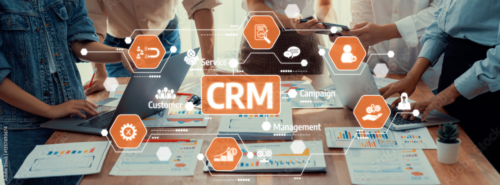 Poster a professional team collaborates using technology in an office environment, focusing on customer rel