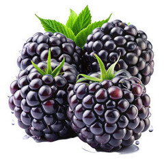 A cluster of fresh, ripe blackberries with vibrant green leaves, showcasing their juicy texture and...