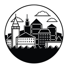 Night city skyline with illuminated buildings and moonlit sky