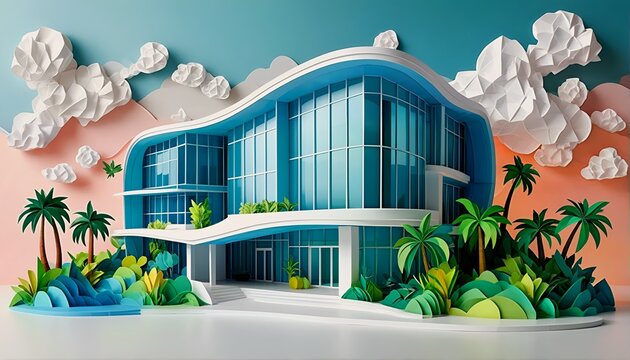A 3d illustration of an office building with tropical plants and clouds.