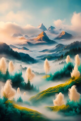 This dreamy and surreal landscape features majestic mountains enveloped in mist with a vast horizon, perfect for fantasy and nature-themed projects.