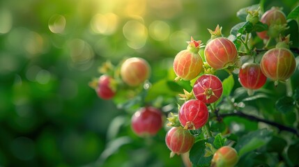 Macro Shot of Colorful Gooseberries on a Lush Green Background  