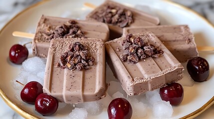 Chocolate cherry popsicles on ice.