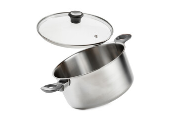 Stainless steel saucepan isolated on white background. Modern saucepan. Kitchen utensils. Cooking pan. Cooking concept. Mockup