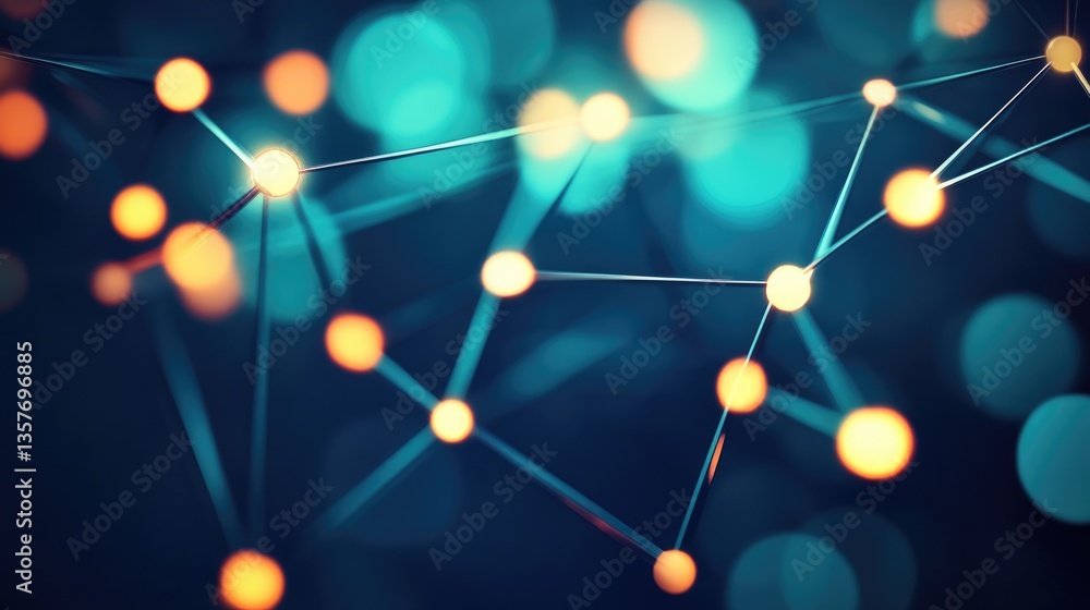 Poster abstract network connection: intertwined nodes and glowing lights