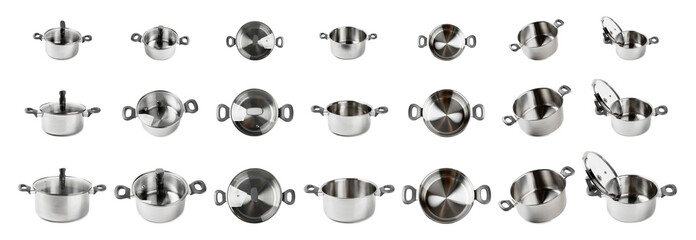 Stainless steel saucepan isolated on white background. Modern saucepan. Kitchen utensils. Cooking pan. Cooking concept. Mockup
