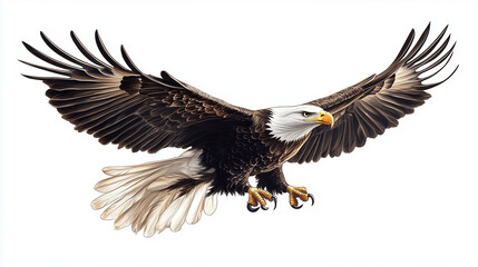 Obraz premium A detailed close-up image showcases a bald eagle in mid-flight against a pure white background. The eagle's wings are fully extended, revealing intricate feather details with sharp focus. The