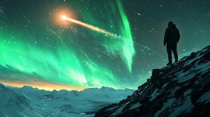 Majestic figure gazes at a spectacular aurora borealis and meteor shower over a snowy mountain range.  A breathtaking display of nature's light shows
