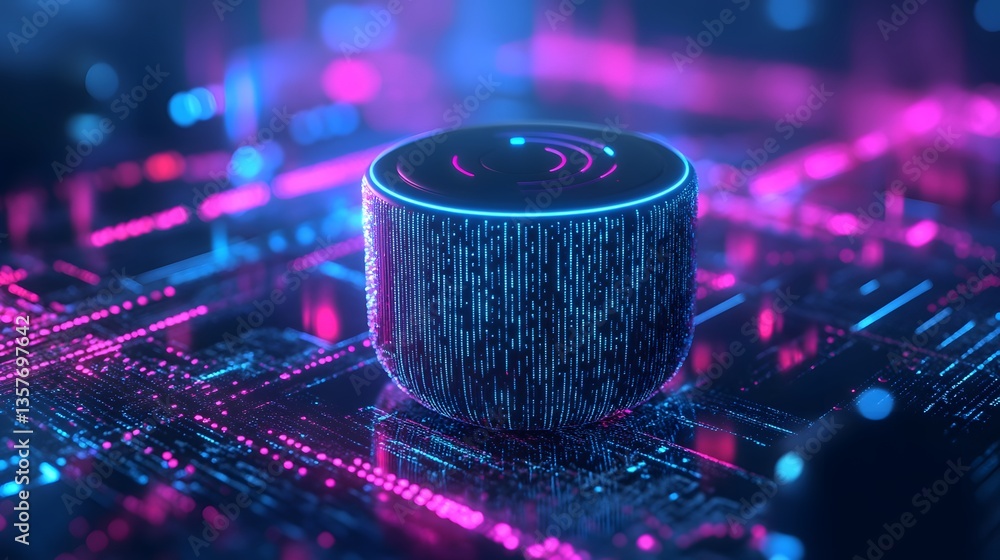 Poster a futuristic digital assistant device emitting a colorful light, with a complex circuit board backgr