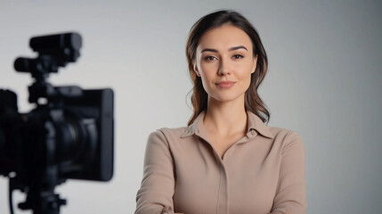 Close-up shot of a young woman with shoulder-length brown hair, wearing a light beige collared shirt.  She is positioned in the foreground, maintaining direct eye contact with the viewer, conveying a